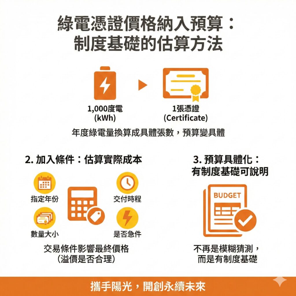 太陽能專家建議，用「需求量 → 張數 → 條件調整」的方式來估算綠電憑證價格。
