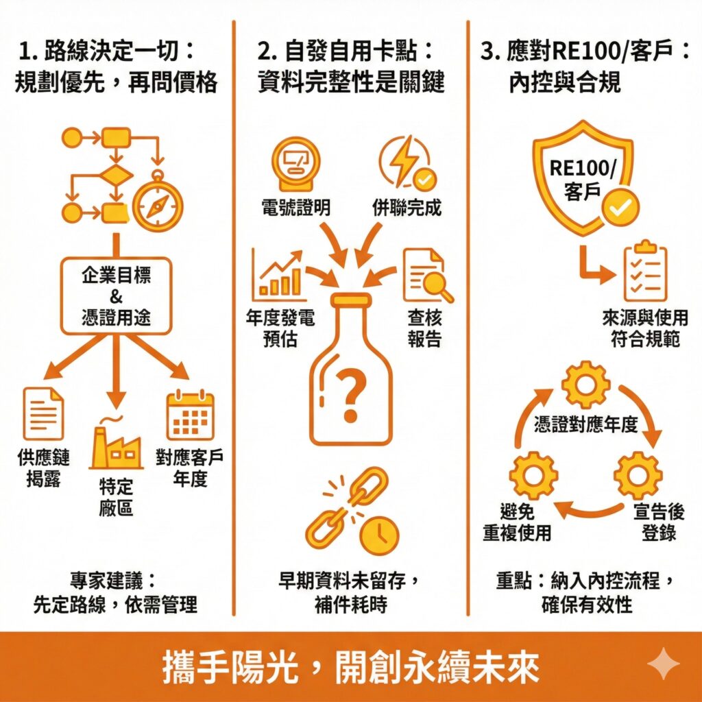 在申請太陽能發電憑證前，案場路線是自用還是用來應對客戶是最重要的