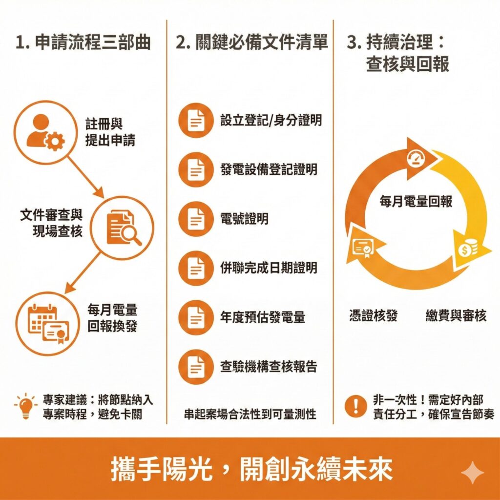 太陽能發電憑證重要的是要事先就準備好資料，且要定期巡視與回報