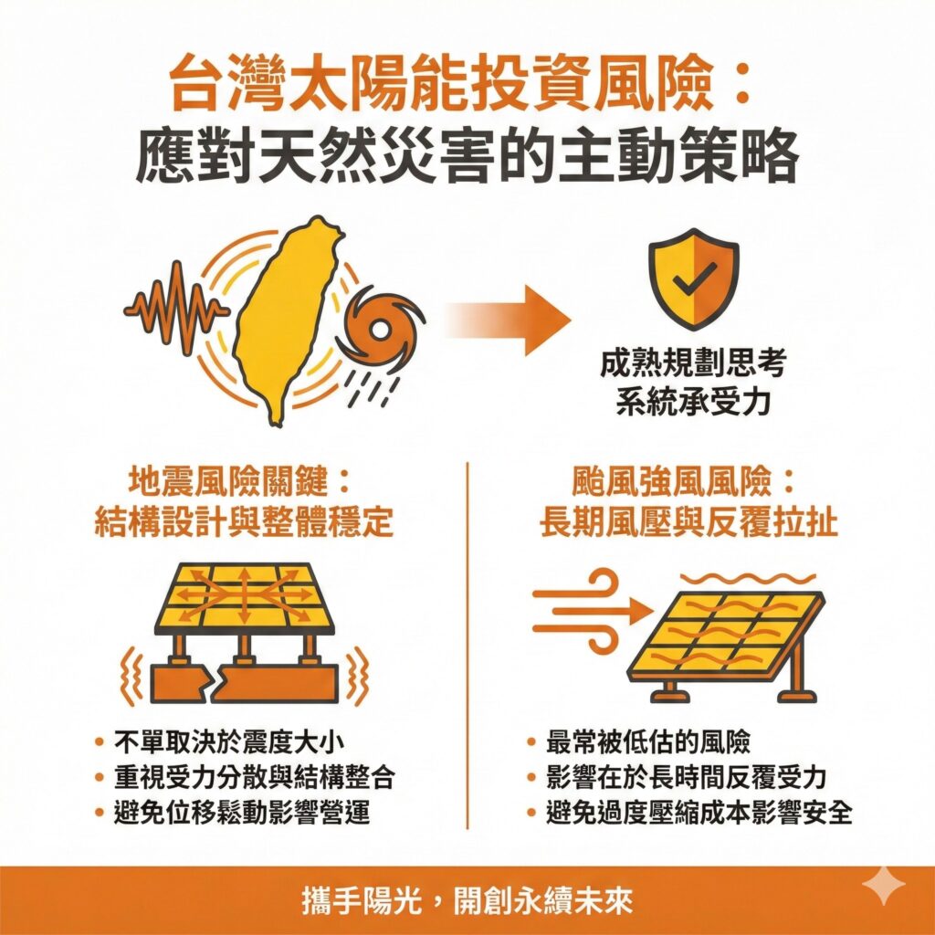 太陽能專家在規劃階段就會主動把自然災害防範規劃進去，以免企業遭受大量損失