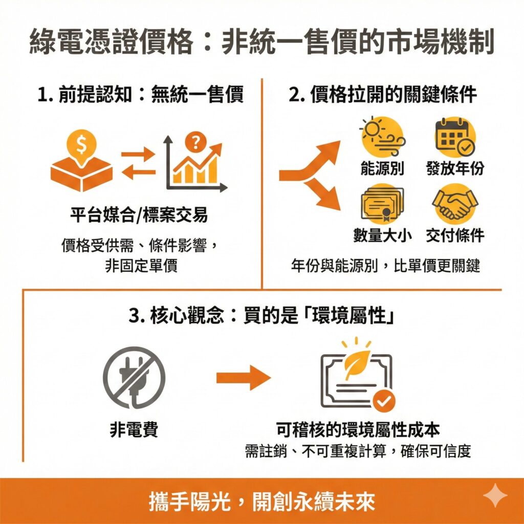 太陽能專家提醒，綠電憑證價格並無統一規範，而是須依多項條件共同決定