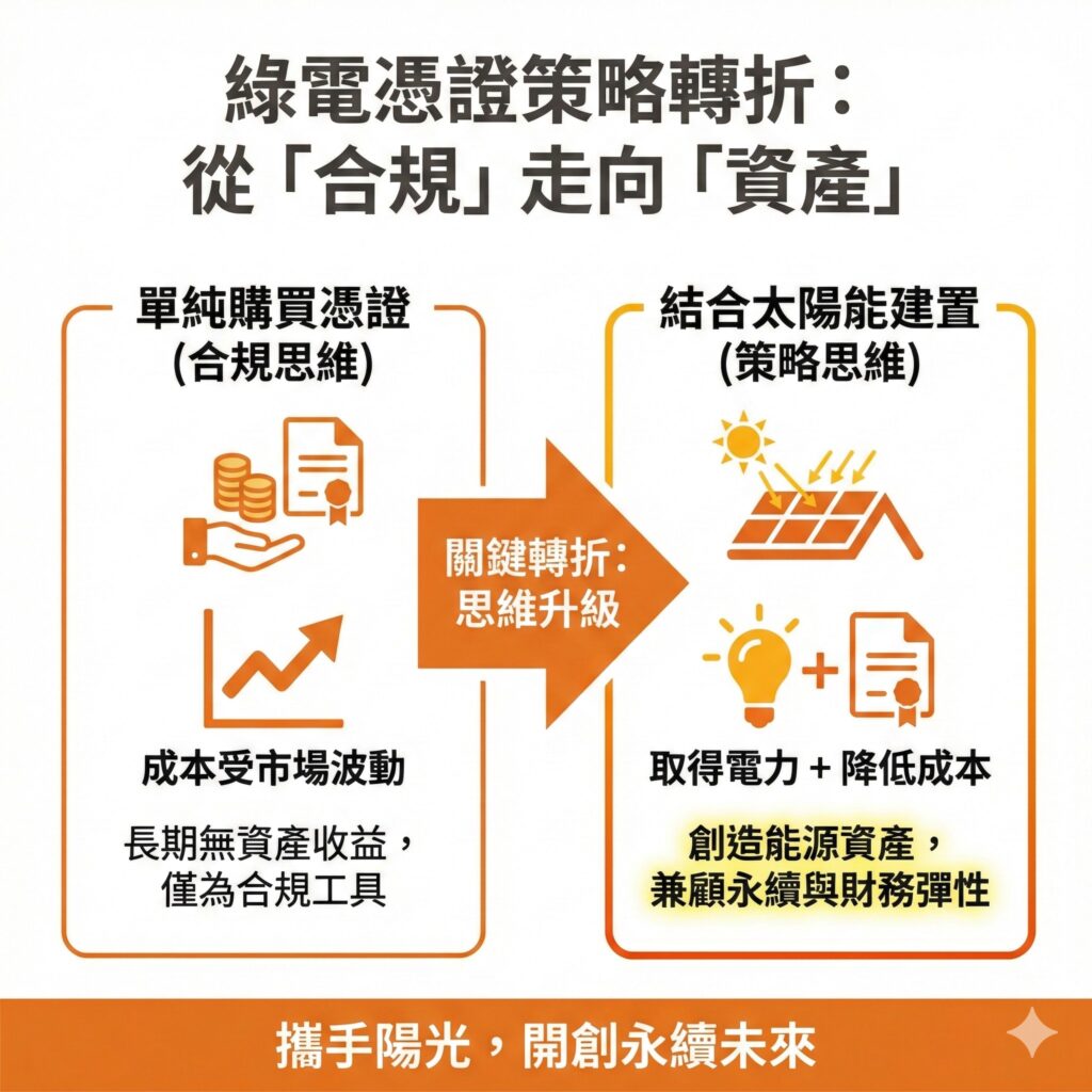 若綠電憑證只用買的，容易受市場價格波動，建置太陽能系統才能成為長期資產