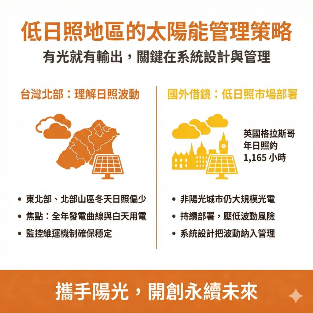 太陽能專家提醒北部企業，部分國外城市光照也不多，但仍可以透過設計與系統部署，採用太陽能發電