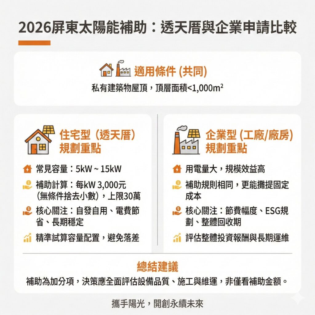 太陽能專家提醒，屏東透天厝屋主也能申請太陽能補助，但由於是以整數千瓦為單位，所以透天厝屋主更須審慎評估
