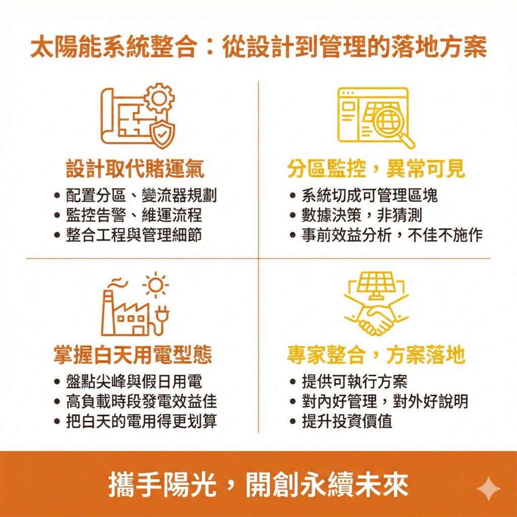 太陽能專家從事前設計到事後維運,會持續監控發電量,讓你的太陽能板符合成本效益
