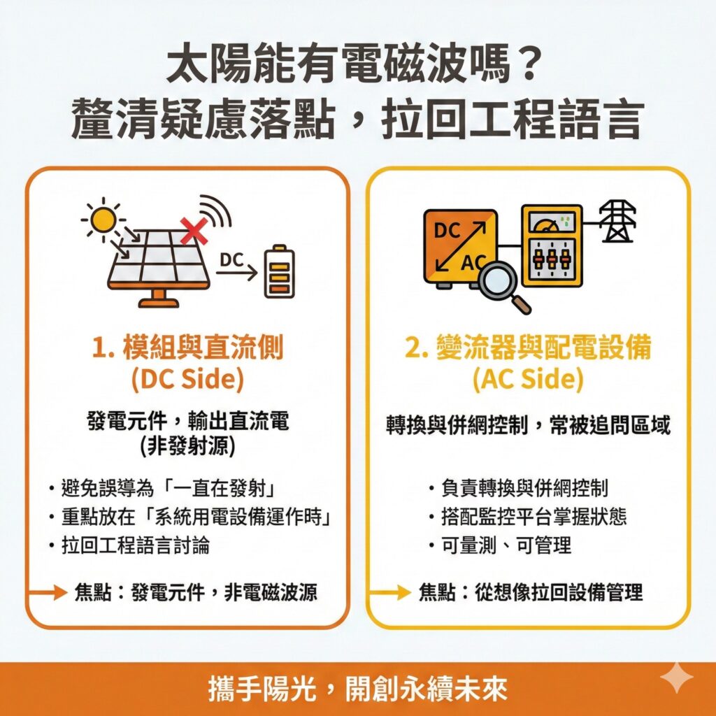 太陽能專家建議,企業在回應太陽能有無電磁波等疑慮時,可以先將焦點對齊,有利於溝通
