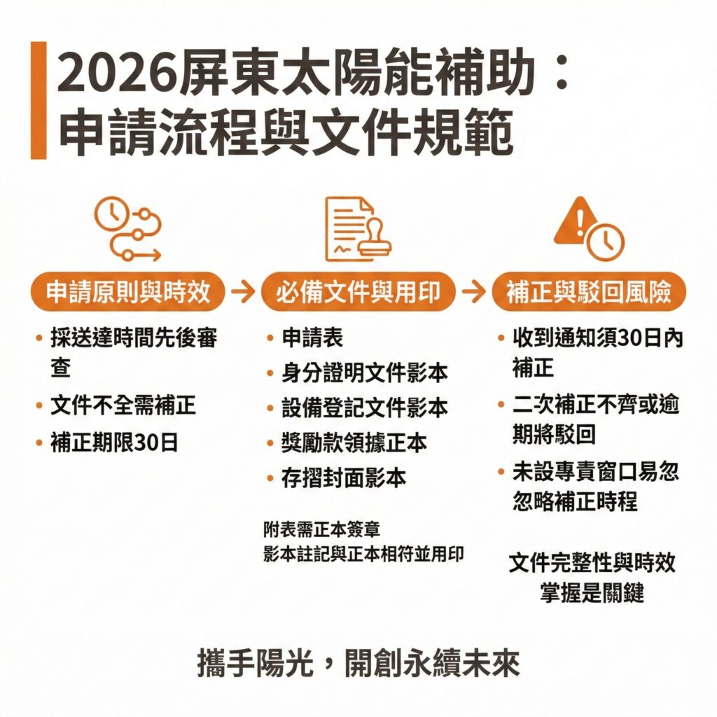 太陽能專家提醒，企業在申請2026屏東太陽能補助時，要注意文件與日程規範