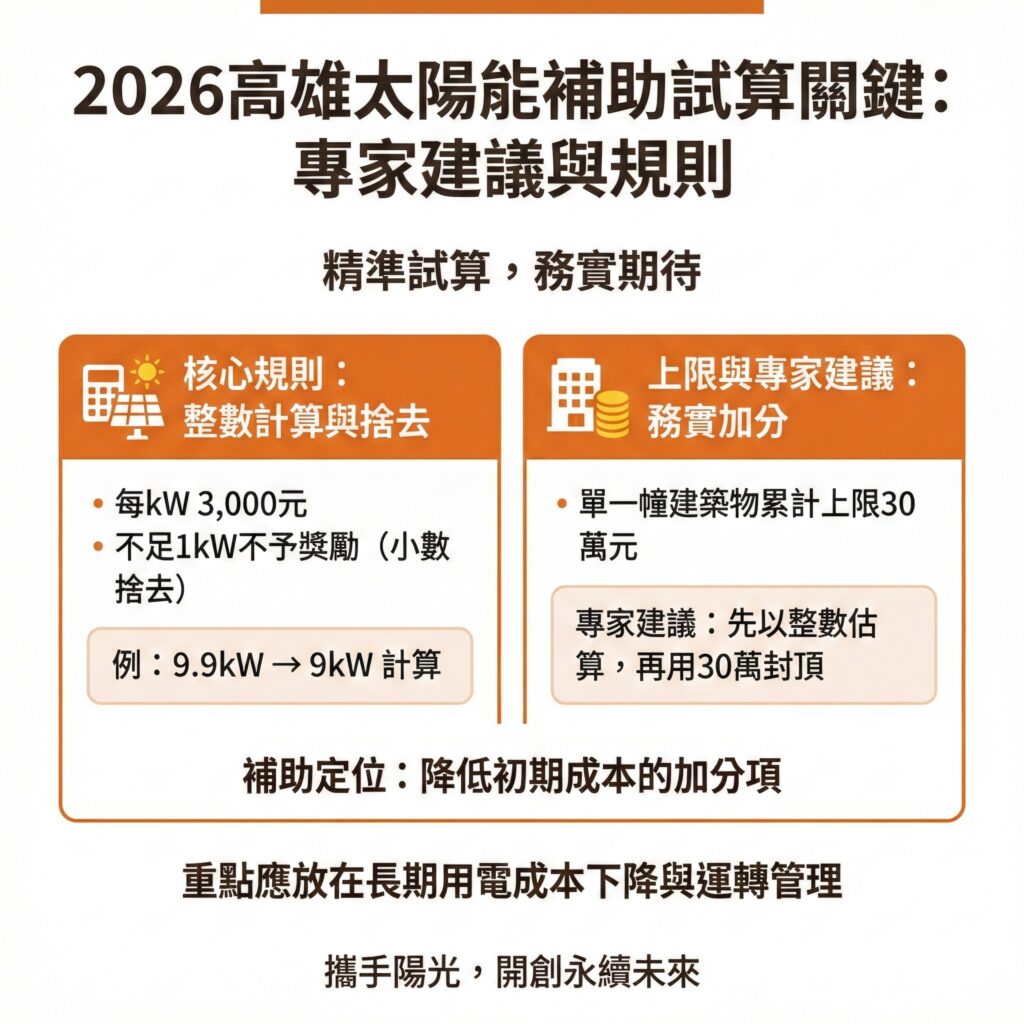 太陽能專家建議,試算補助時先用整數千瓦計算,以免金額與期待落差