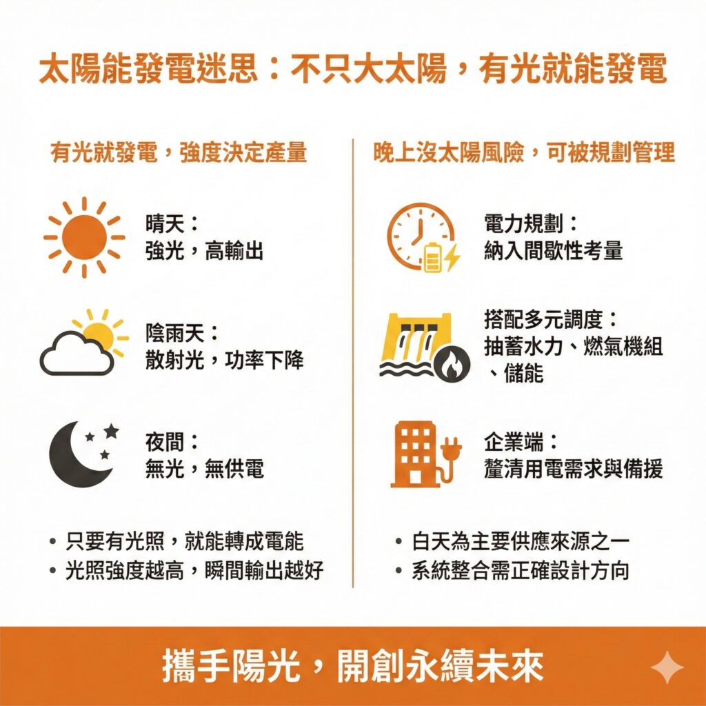 太陽能專家提醒，只要有光，即使是陰天太陽能板也能發電，只是效率會降低