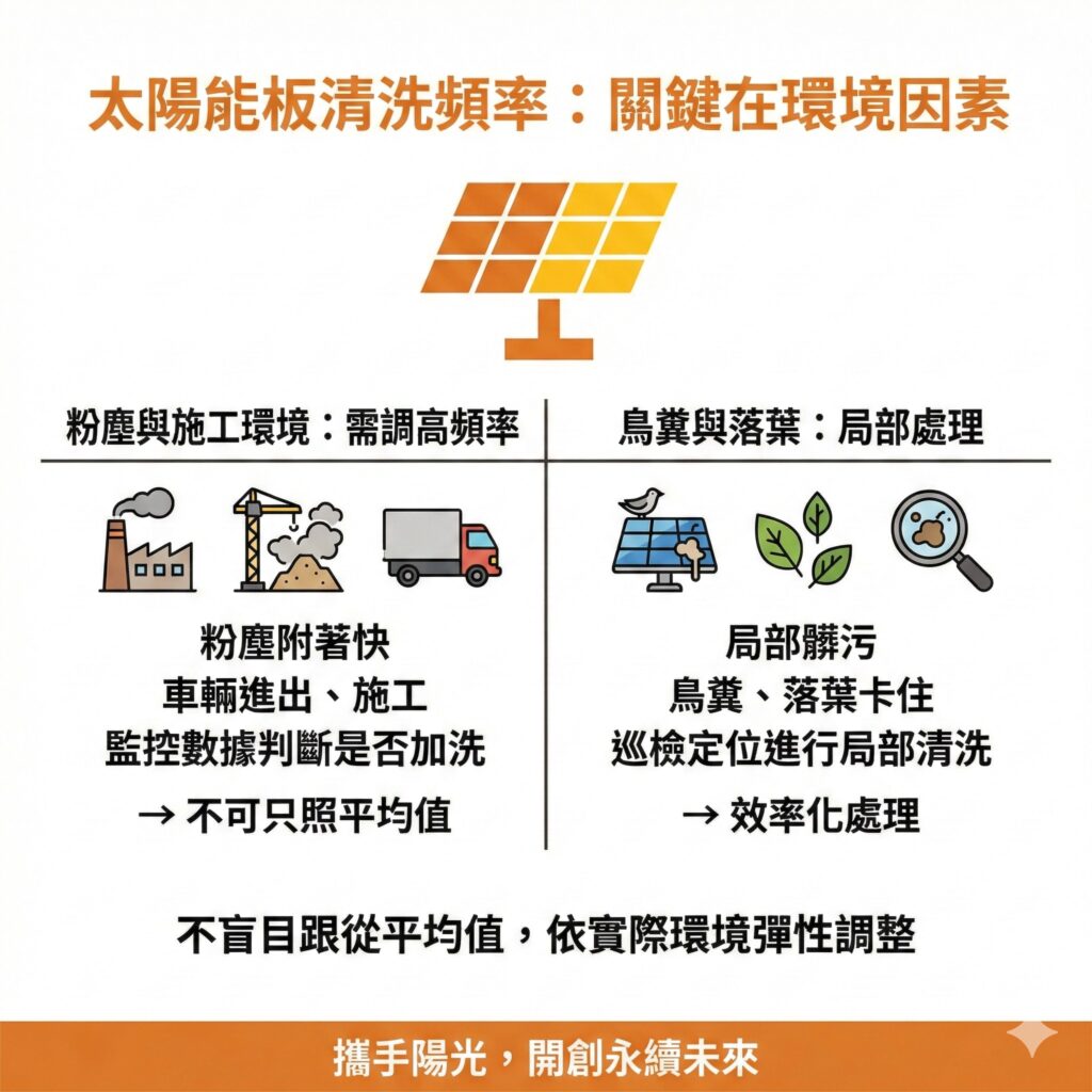 如果企業的太陽能板是在落塵特別嚴重的區域,清洗頻率須提高,但如果是鳥糞或是落葉等,僅影響局部區域,可以用監控特定區域的方式處理