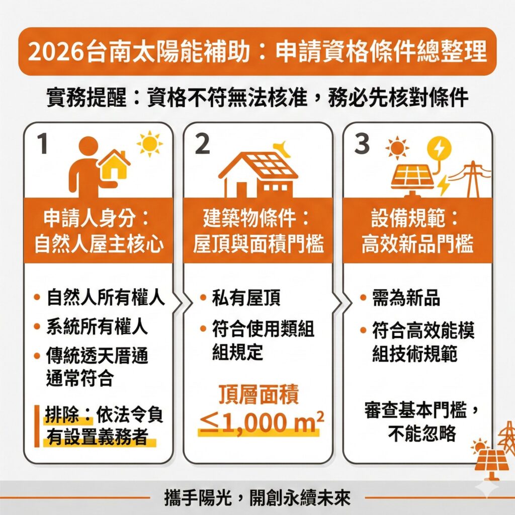 太陽能專家提醒，2026台南太陽能補助主要針對透天厝屋主，申請前請務必找太陽能專家幫忙確認建物資格
