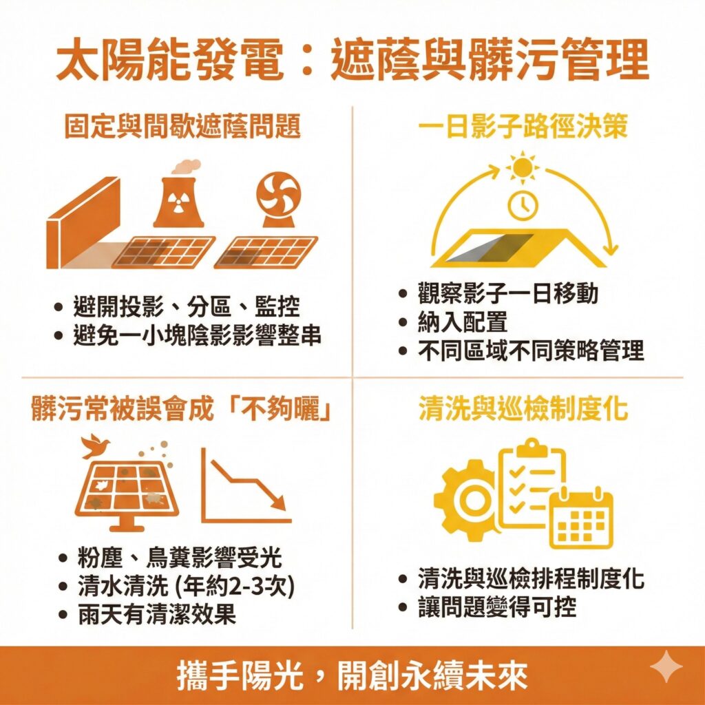 有些工廠可能固定某些時段會有遮蔭，或是粉塵特別多，太陽能專家建議，這時候可以用分區監控及清洗的方式應對