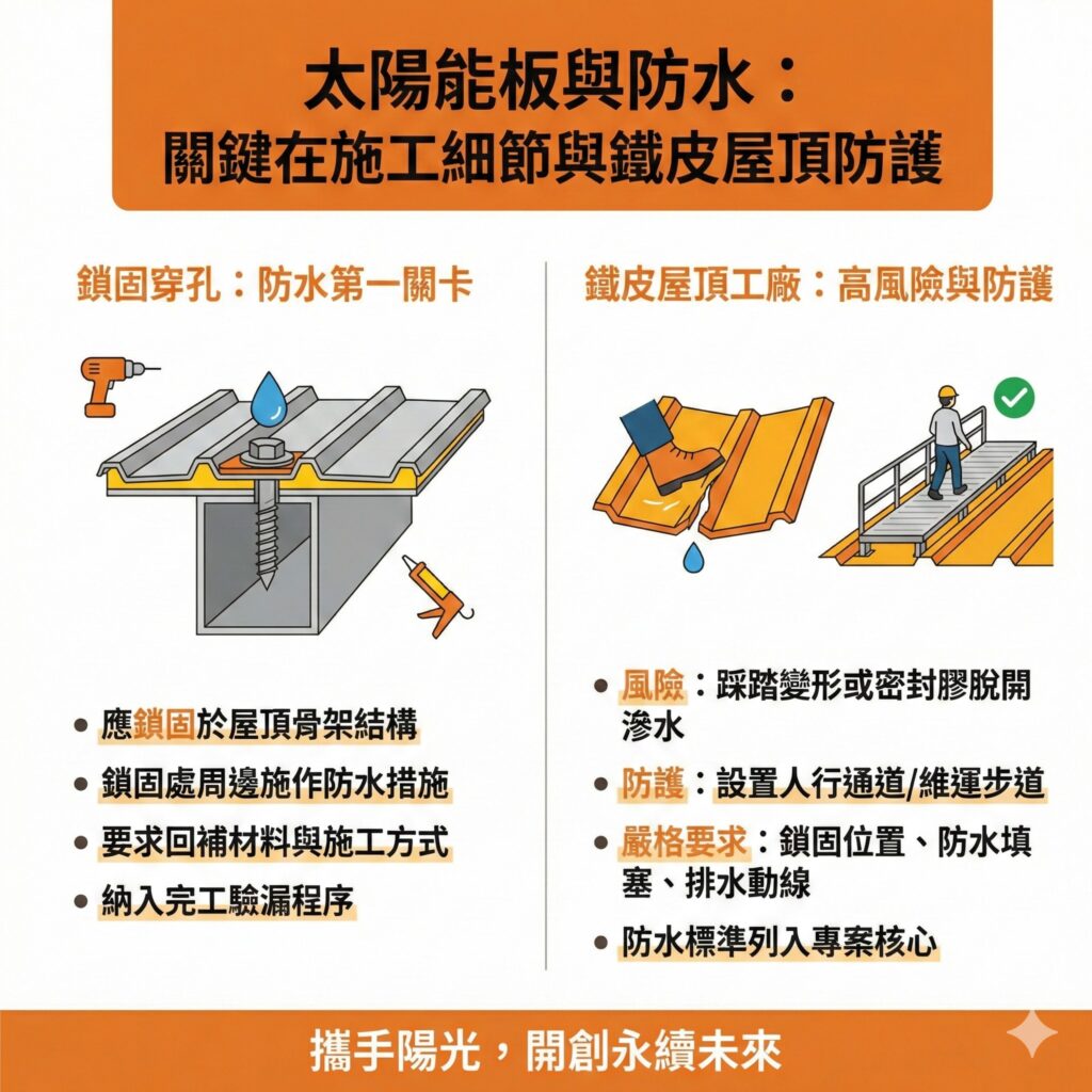 太陽能板的漏水問題最常見的原因就是施工時出狀況,太陽能專家建議企業要將施工規範寫進合約