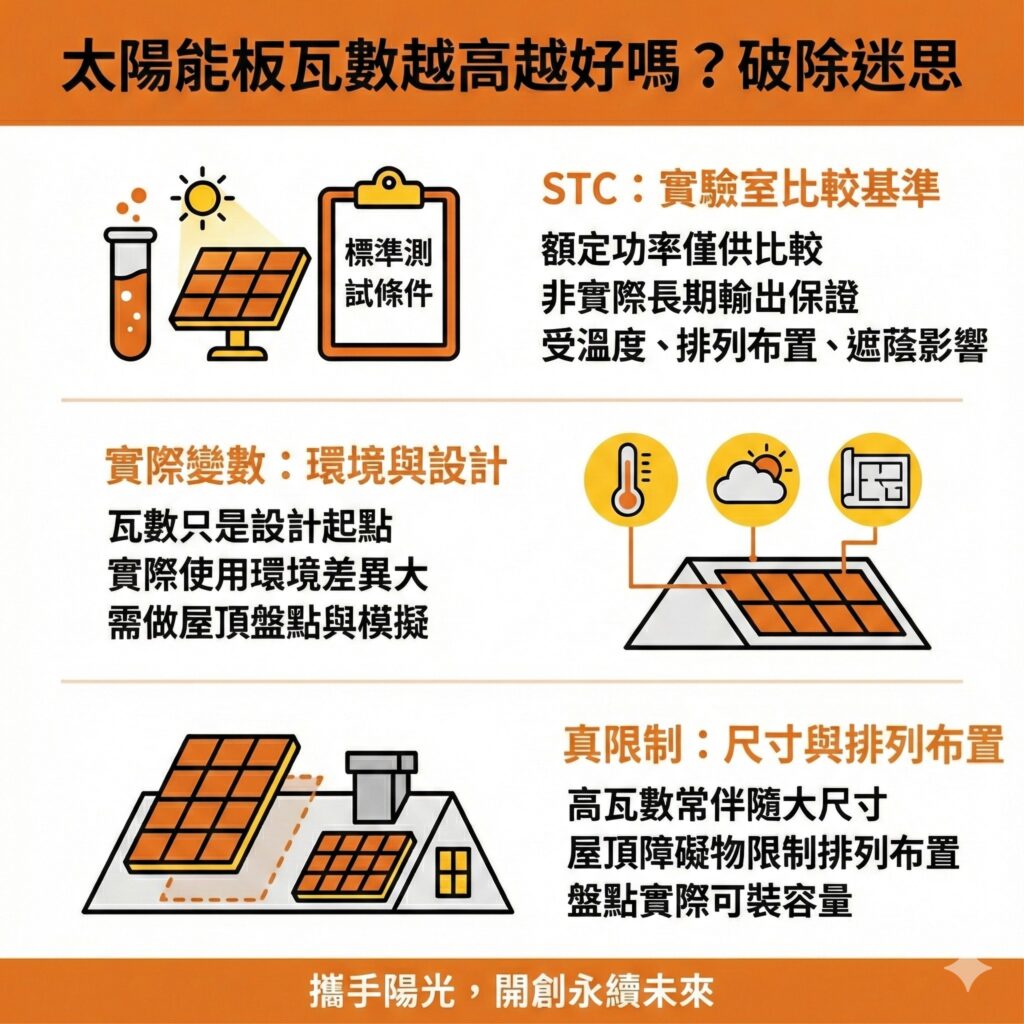 太陽能專家提醒，太陽能板的瓦數是在實驗室標準條件下測出，而實際上會受到外在條件限制，所以重點是事前規畫模擬