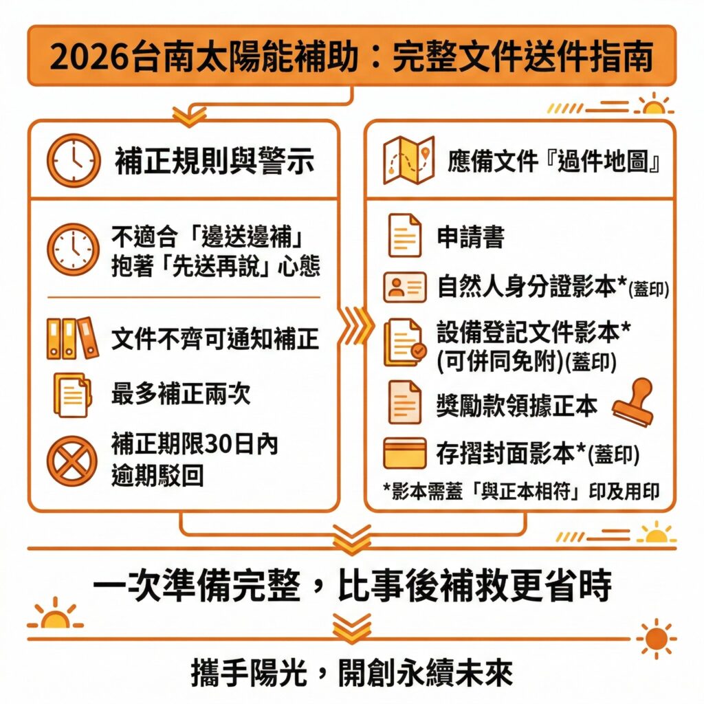 2026台南太陽能補助補件次數及時間皆有限制，因此屋主在申請前，最好先請太陽能專家協助，處理相關文件，以免遺漏