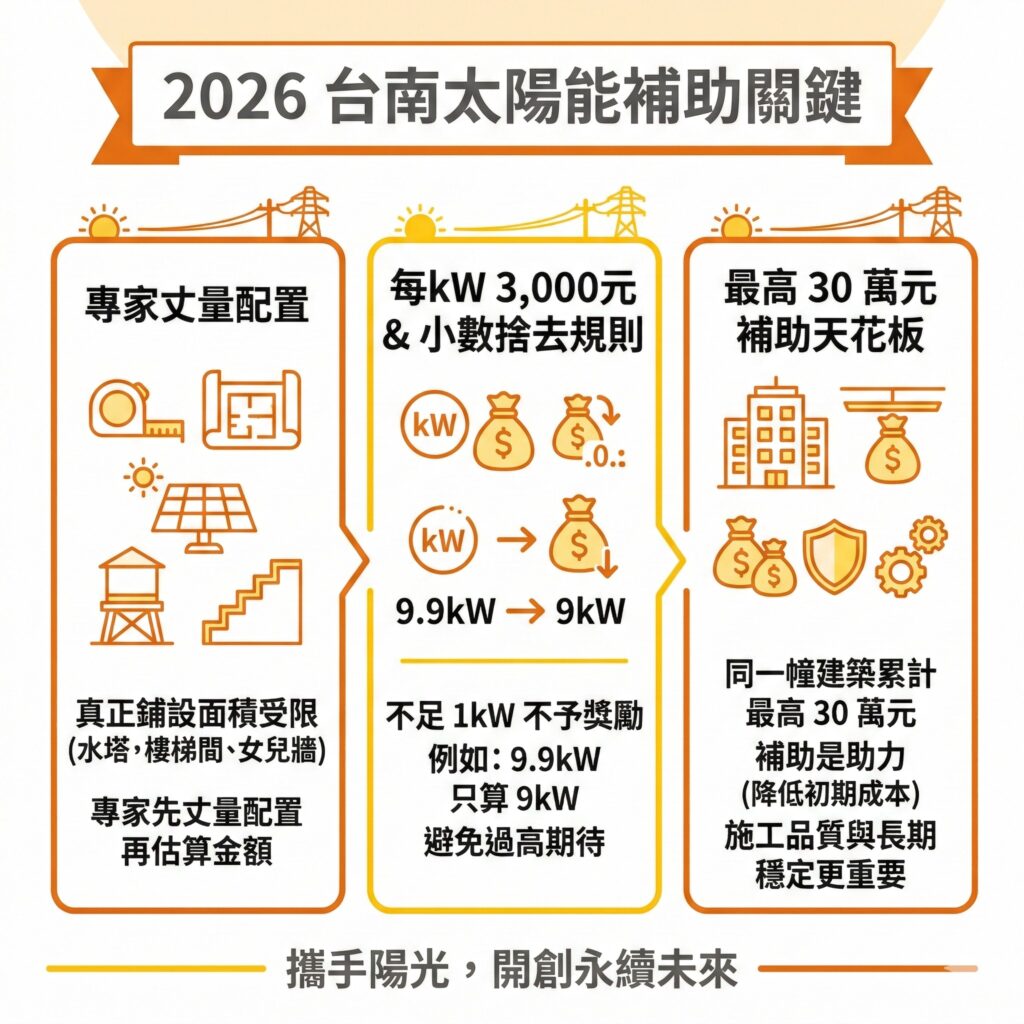 太陽能專家提醒，透天厝屋頂很可能因水塔、樓梯等，限制太陽能板能鋪設的面積，因此在申請前就要先丈量估算，以免有錯誤期待