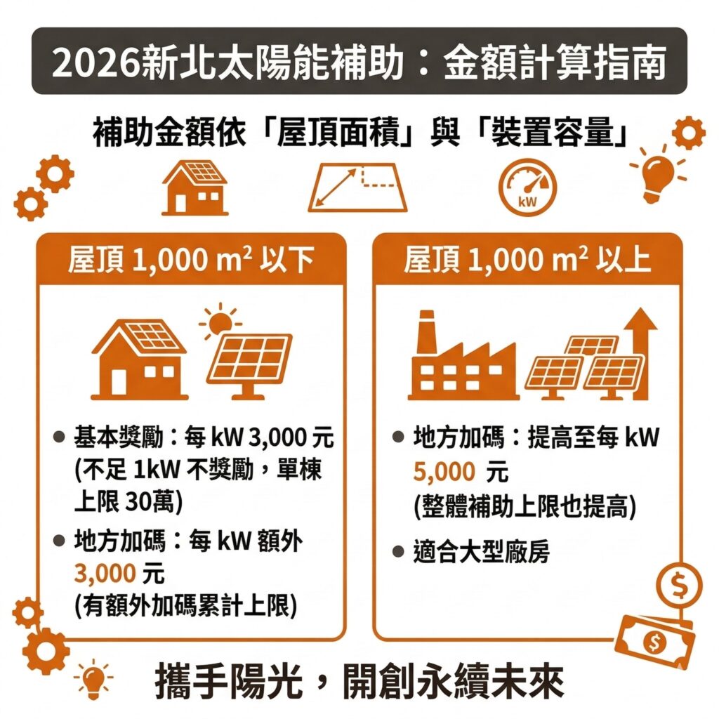 太陽能專家提醒，2026新北太陽能補助除了基本盤外，還有地方加碼，企業在事前可以先評估