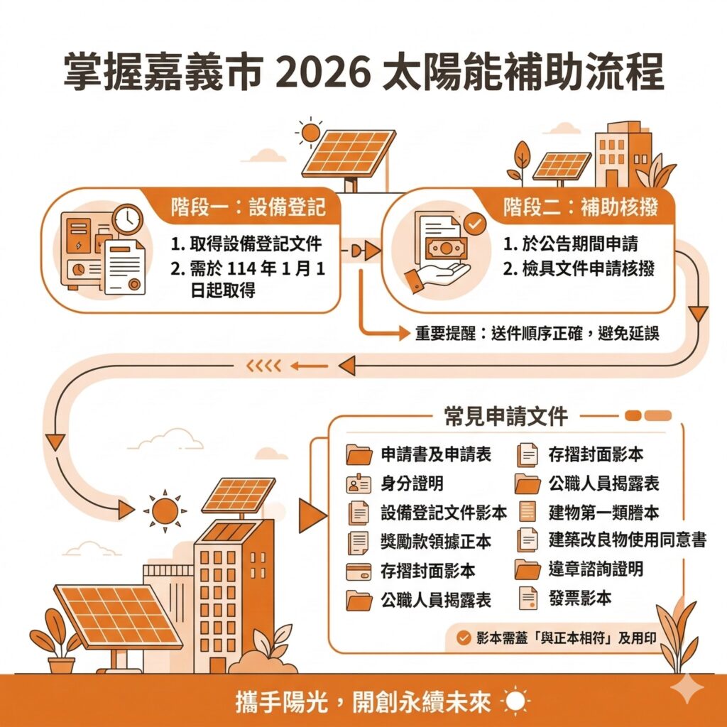 太陽能專家提醒，2026嘉義市太陽能補助送件有順序，一定要按順序送件