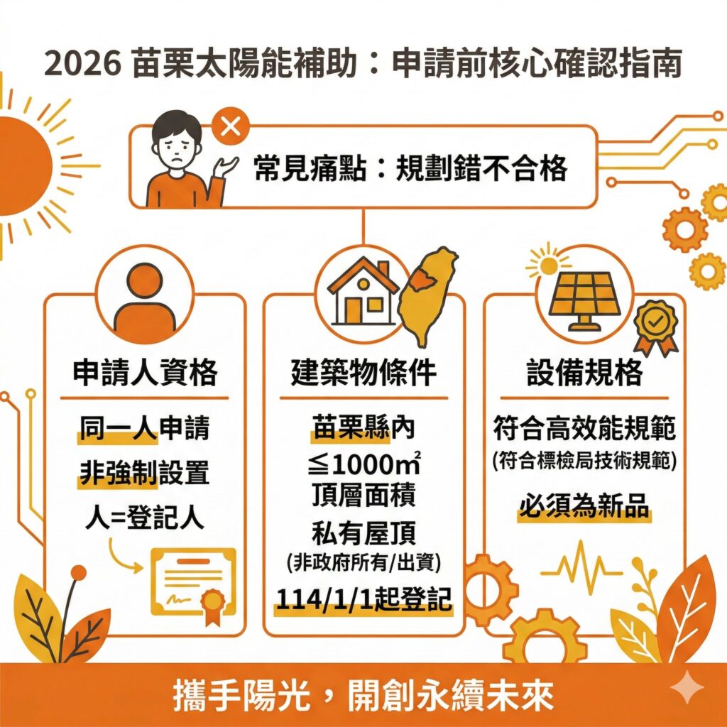 太陽能專家提醒,2026苗栗太陽能補助申請前也要先確認申請資格