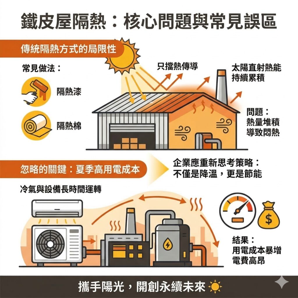 企業傳統鐵皮屋降溫方式有其侷限性，因此太陽能專家建議可以考慮太陽能板